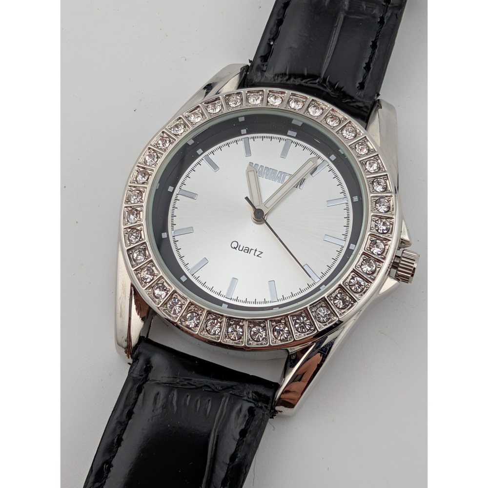 Manhattan by Croton Watch Women 41mm Silver Case Faux Leather Band- New Battery‎